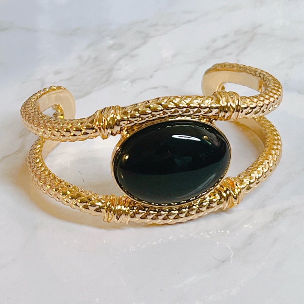 Gold plated 7” cuff bracelet black oval crystal